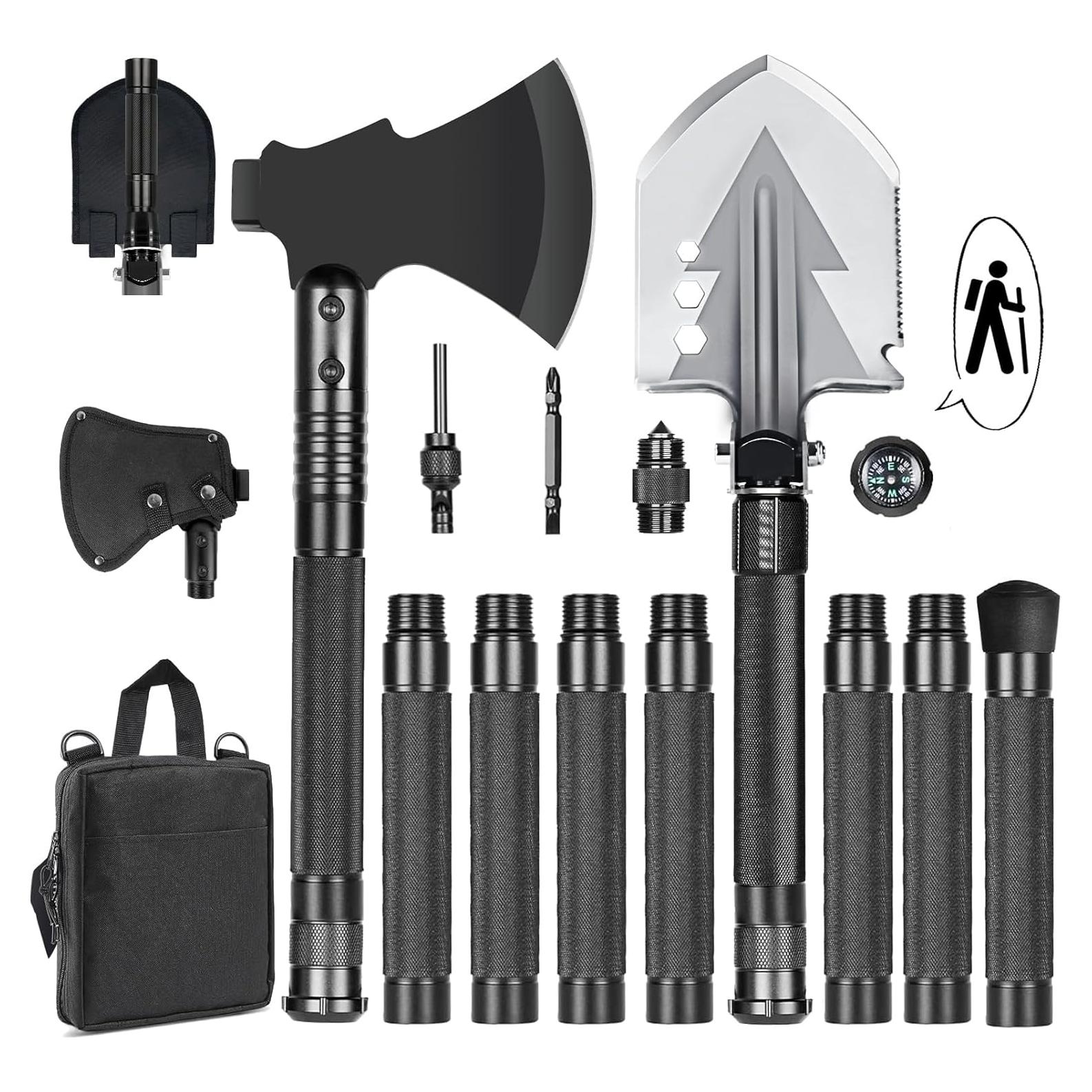 Kit de Supervivencia GOJAWAY 20 en 1 Pala Hacha Bastón 55 cm