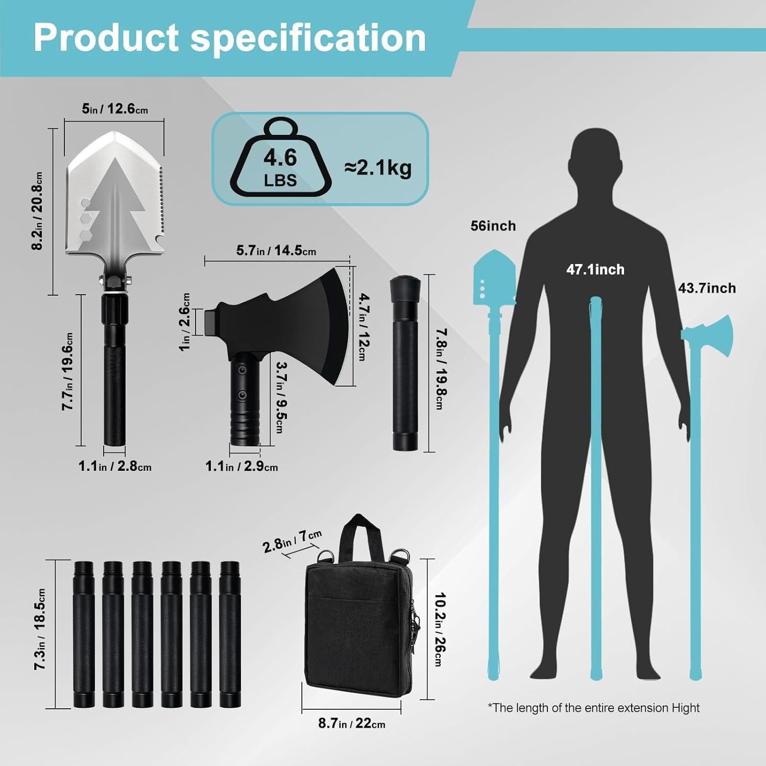 Kit de Supervivencia GOJAWAY 20 en 1 Pala Hacha Bastón 55 cm