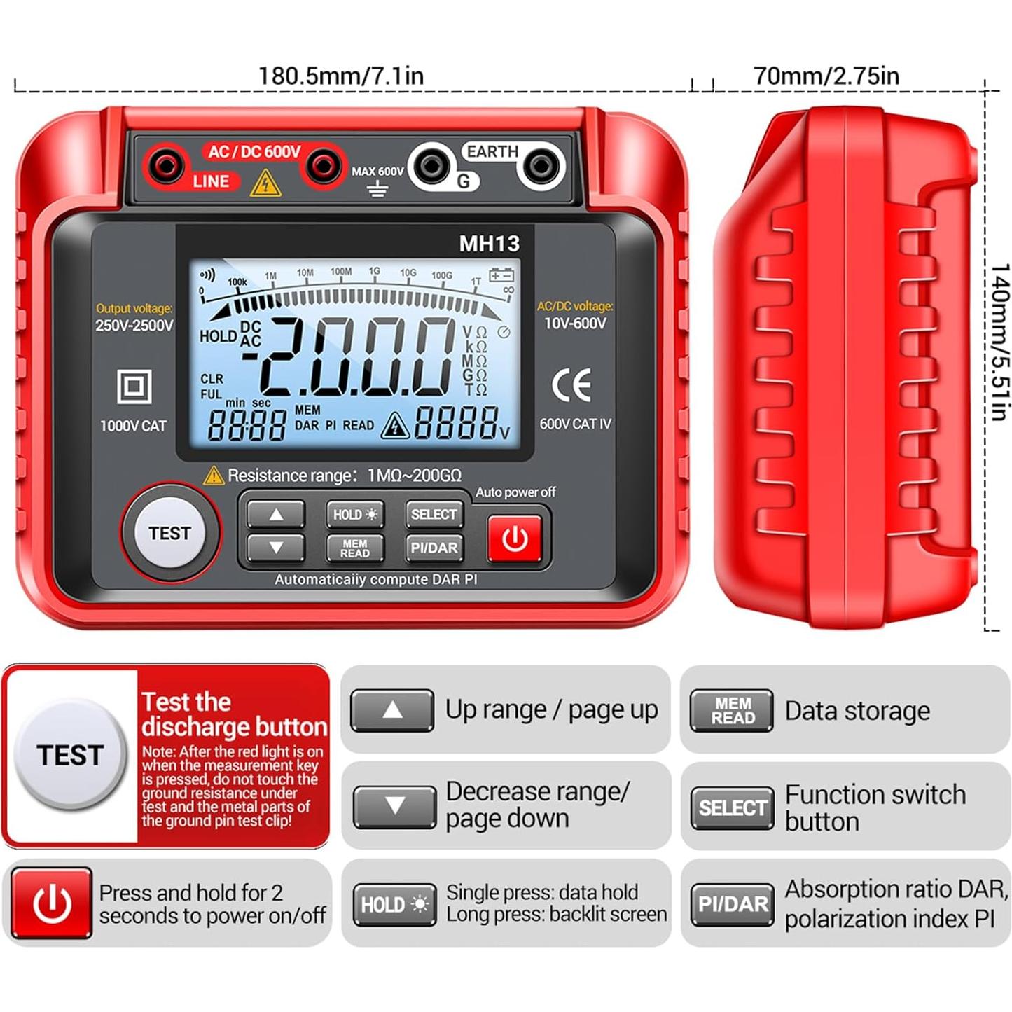 Probador Digital de Resistencia de Aislamiento KKnoon 250V-2500V