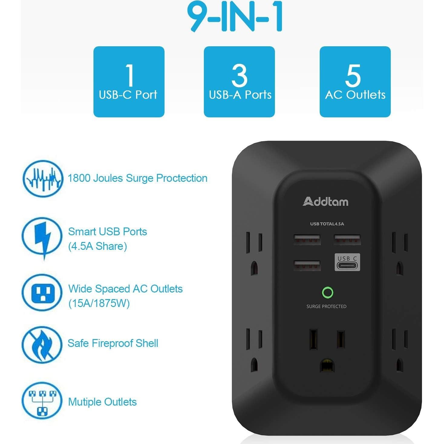 Cargador de Pared USB Addtam 5 Salidas 4 Puertos Carga Rápida