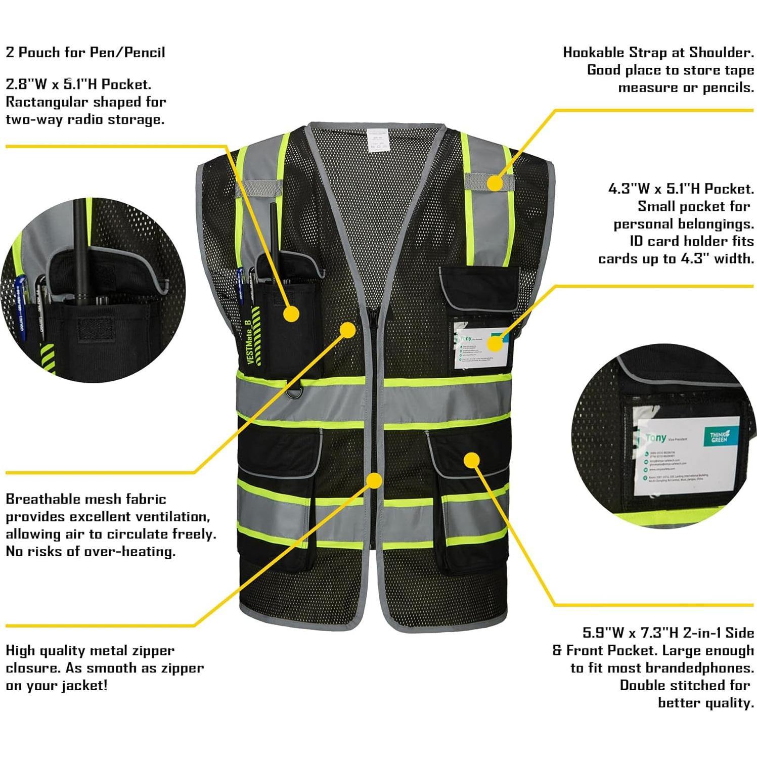 Chaleco de Seguridad COOLJOB Reflectante 9 Bolsillos Negro Amarillo