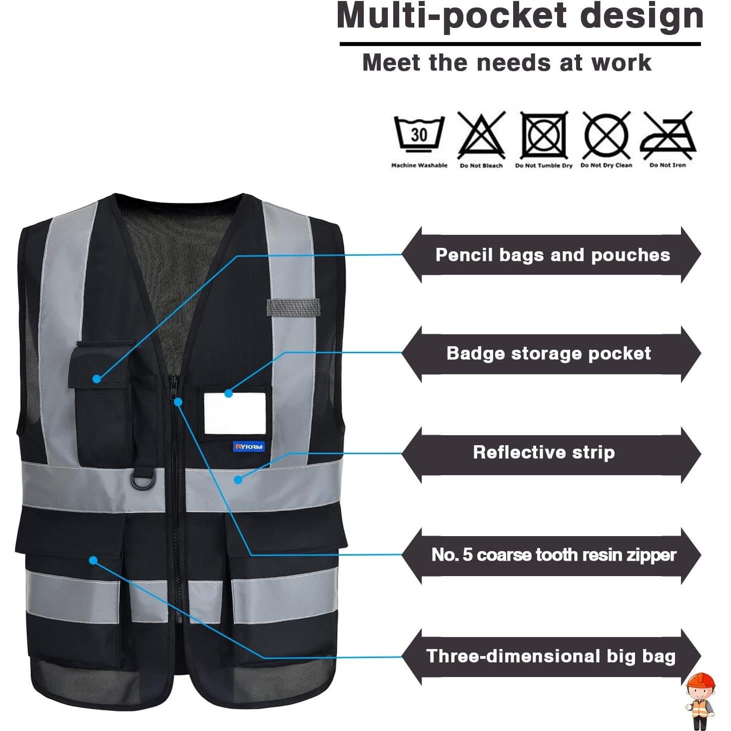 Chaleco de Seguridad A-SAFETY XL Negro Reflectante 7 Bolsillos