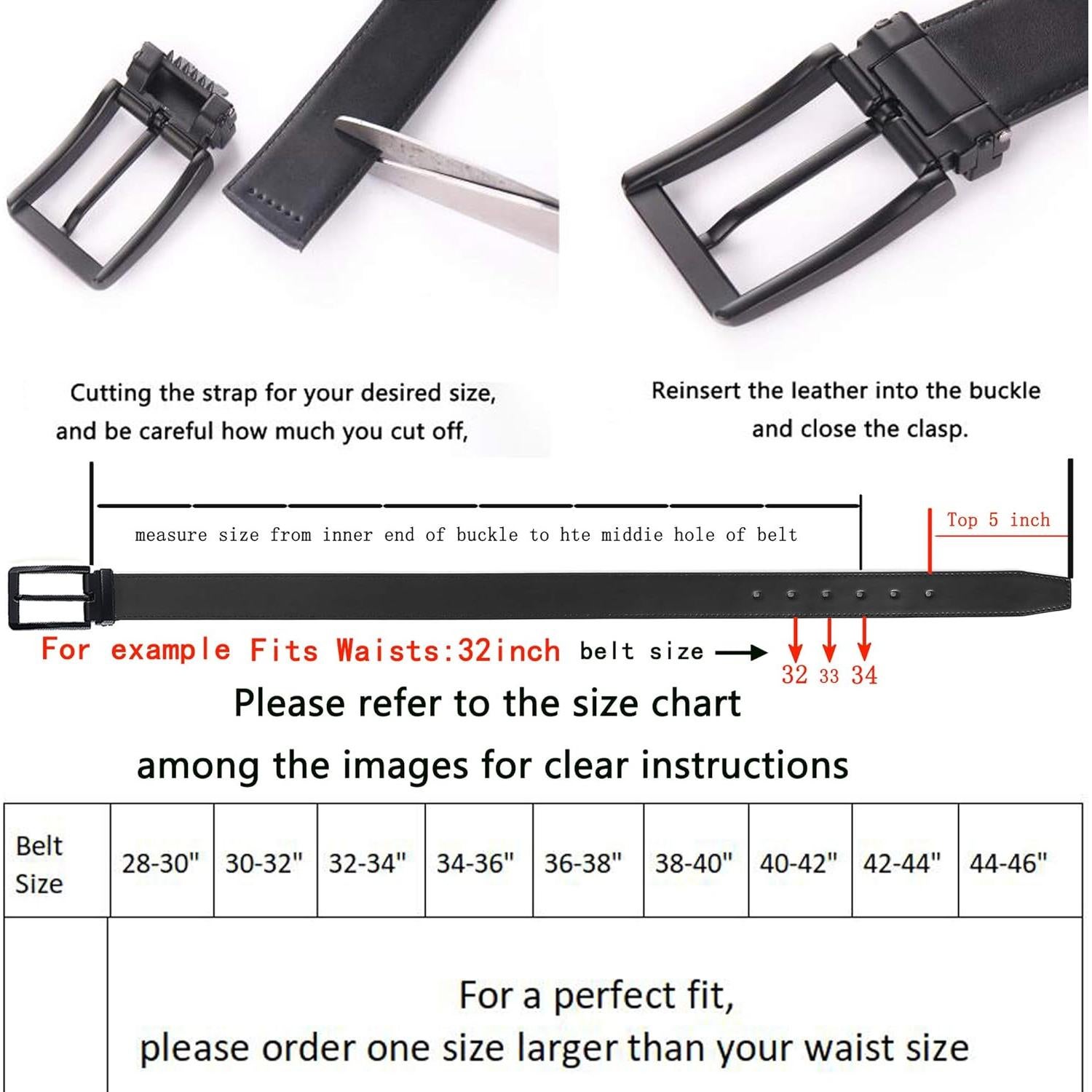 Cinturón de Cuero Negro para Hombre 30-44 cm - Hebilla Libre de Níquel