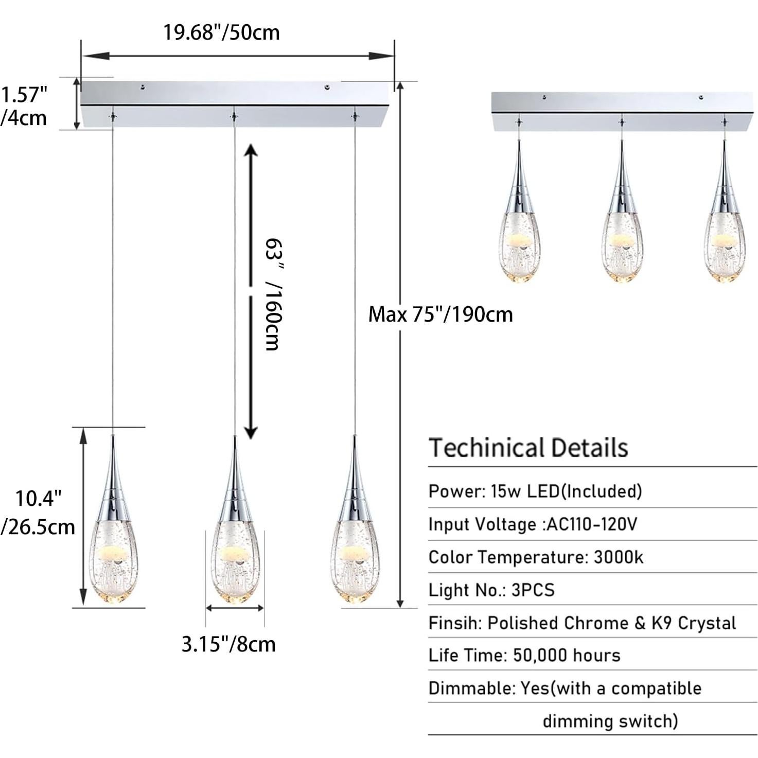 JoollySun Lámpara Colgante Cristal 3 Luces Moderna