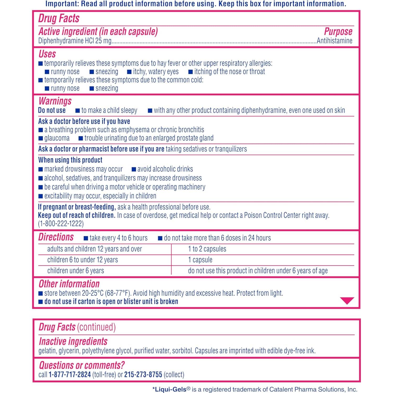 Benadryl Liqui-Gels 25 mg Antihistamínico Sin Colorantes 24 ct