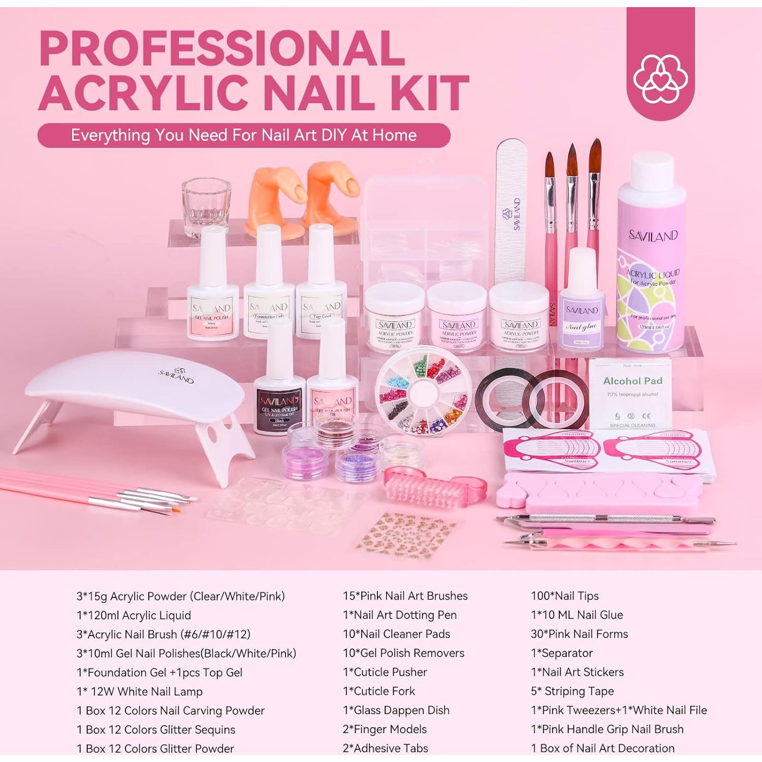 Kit de Uñas Acrílicas SAVILAND 92 Piezas con Lámpara UV