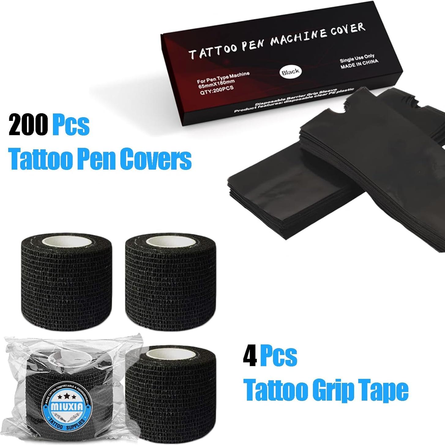 Cubiertas de Máquina de Tatuaje MIUXIA 200Pcs Negras + 4Cinta