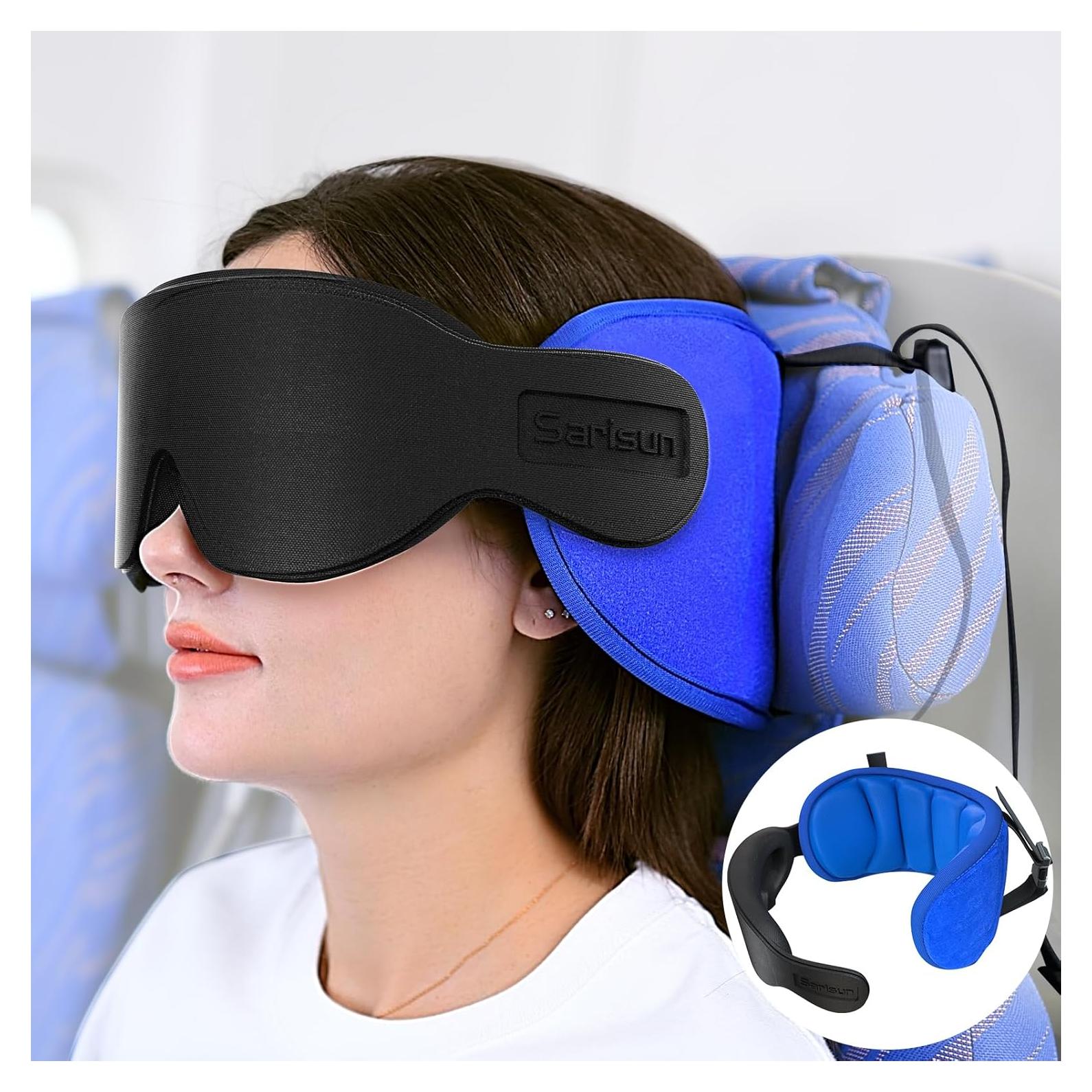 Almohada de viaje ergonómica SARISUN con máscara ocular azul