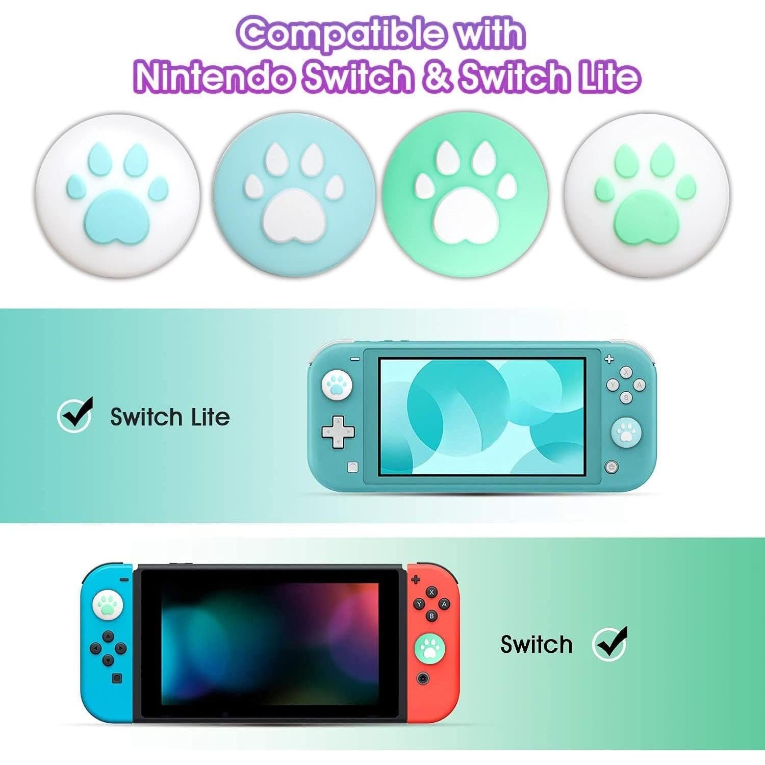 4PCS Thumb Stick Grips for Switch and Switch Lite Silicone Cat Paw Joy Con Thumb Grip Set Joystick Caps, Blue and Green