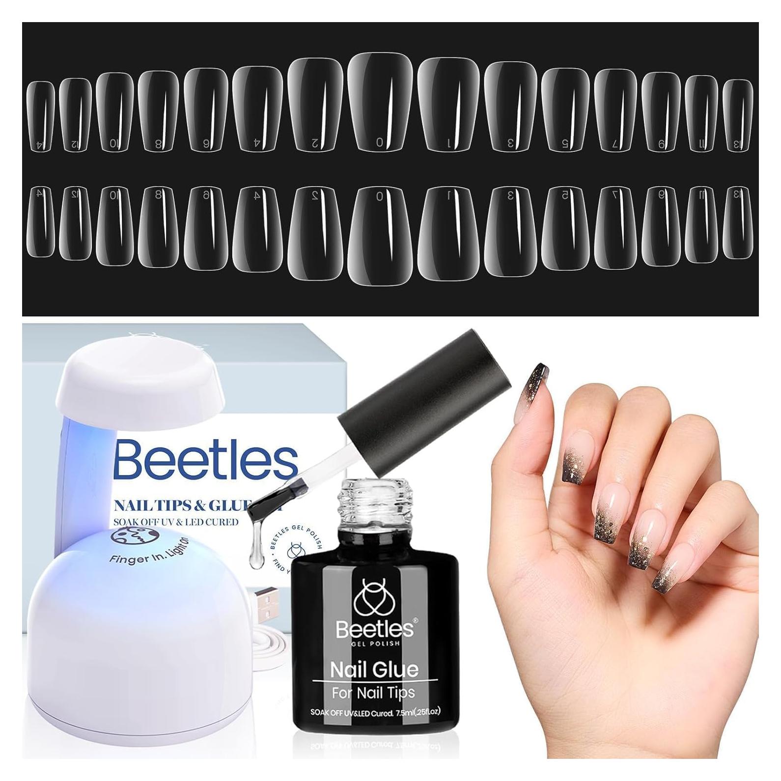 Kit de Uñas de Gel Beetles 510 Piezas Cortas Coffin con Pegamento 5 en 1