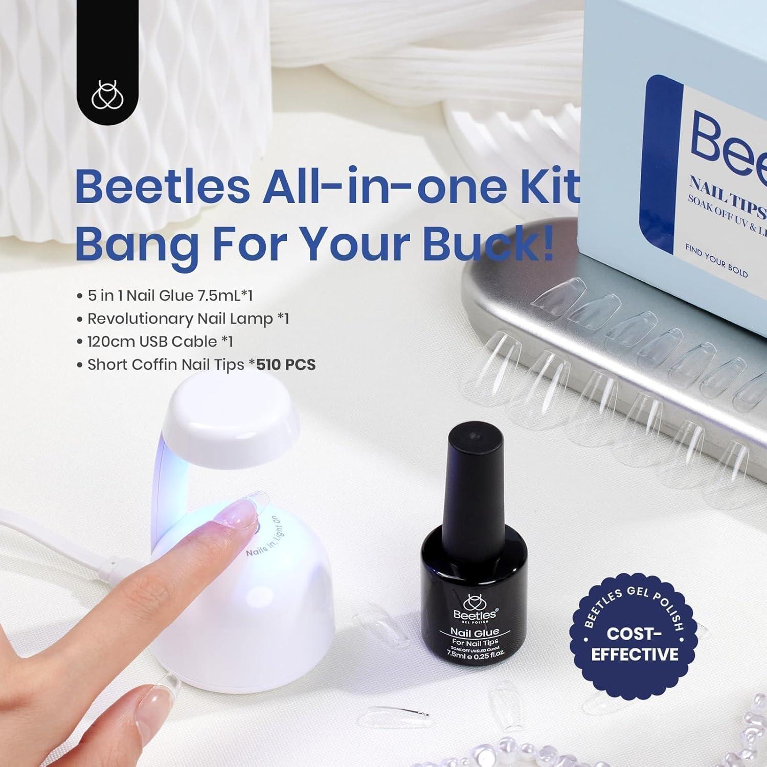 Kit de Uñas de Gel Beetles 510 Piezas Cortas Coffin con Pegamento 5 en 1