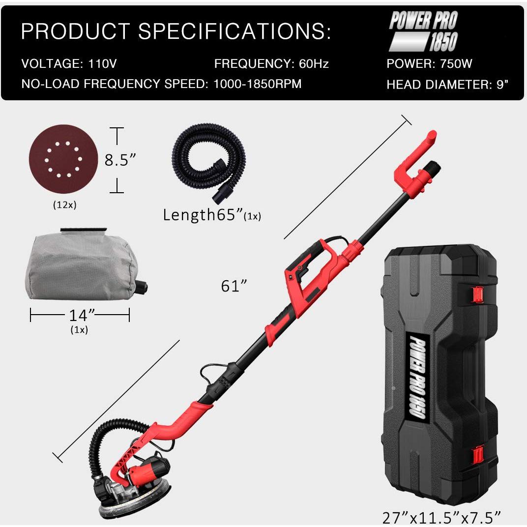 Lijadora de Paneles de Yeso Eléctrica Power Pro 1850 - 750W, 1000-1850rpm, Luz LED