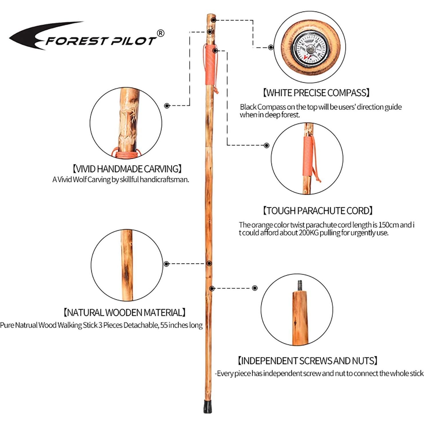 Bastón de senderismo FOREST PILOT 3 piezas con brújula