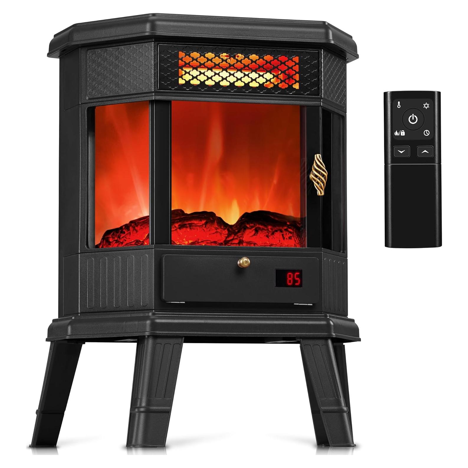 Electric Fireplace Heater 22 in Freestanding Fireplace Stove Infrared Fireplace RealSmart with 3D Flame Effect Remote Control, Timer, Overheating Protection Heater for Indoor Use Black