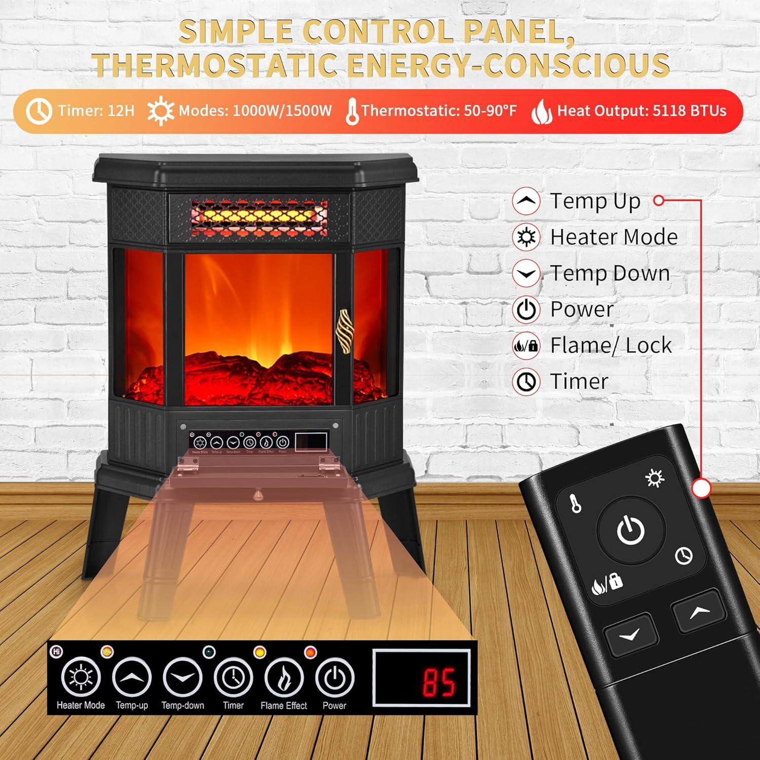 Electric Fireplace Heater 22 in Freestanding Fireplace Stove Infrared Fireplace RealSmart with 3D Flame Effect Remote Control, Timer, Overheating Protection Heater for Indoor Use Black