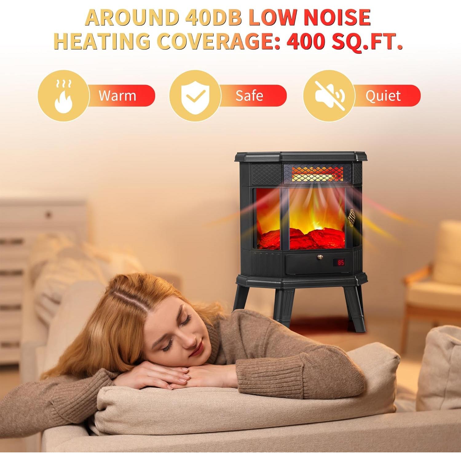 Electric Fireplace Heater 22 in Freestanding Fireplace Stove Infrared Fireplace RealSmart with 3D Flame Effect Remote Control, Timer, Overheating Protection Heater for Indoor Use Black