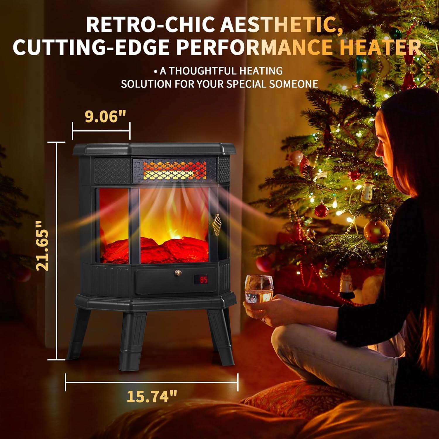 Electric Fireplace Heater 22 in Freestanding Fireplace Stove Infrared Fireplace RealSmart with 3D Flame Effect Remote Control, Timer, Overheating Protection Heater for Indoor Use Black