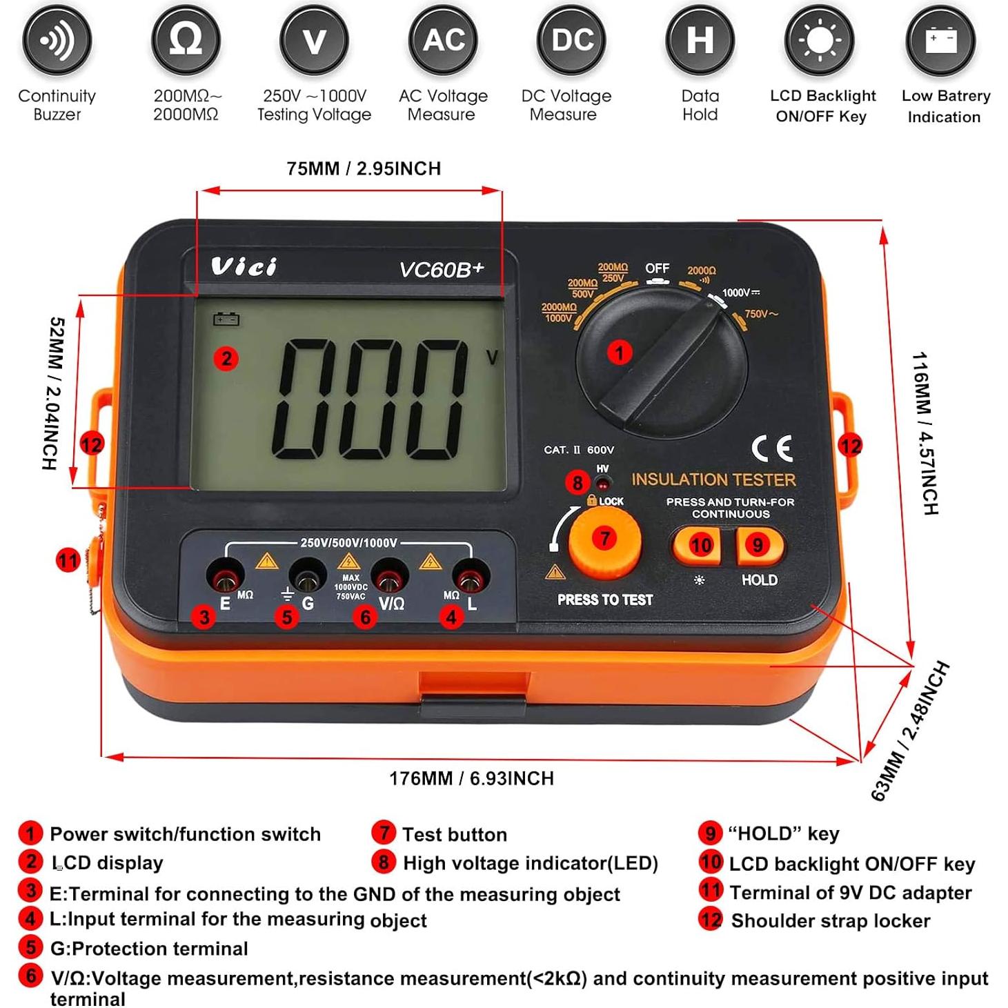 Probador de Aislamiento Digital JUNLIXN VC60B+ 250/500/1000V