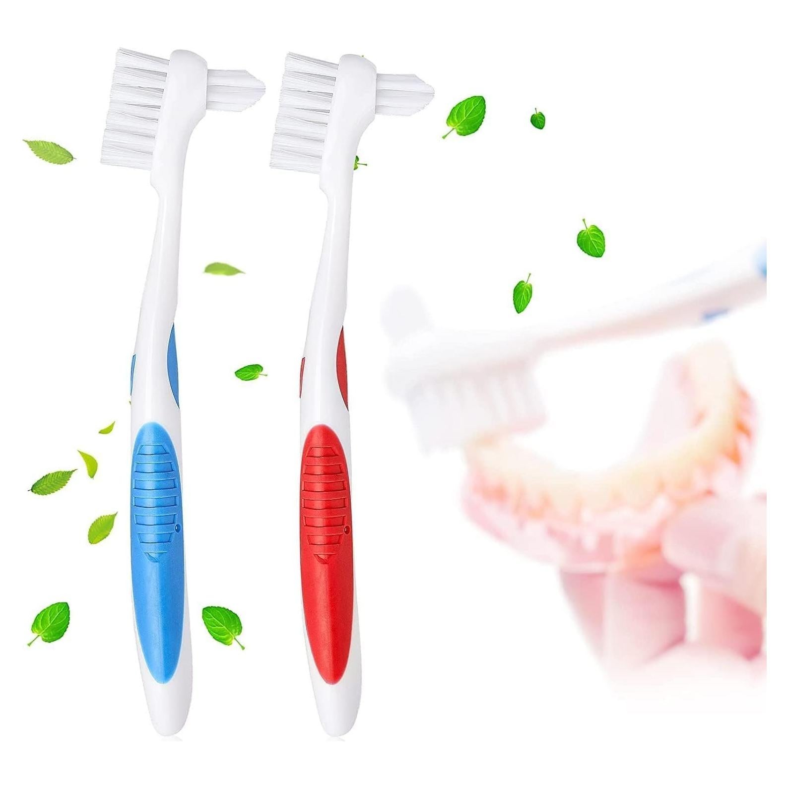 Cepillo de Dentadura Y-Kelin Doble Cabezal 2 Piezas Rojo y Azul