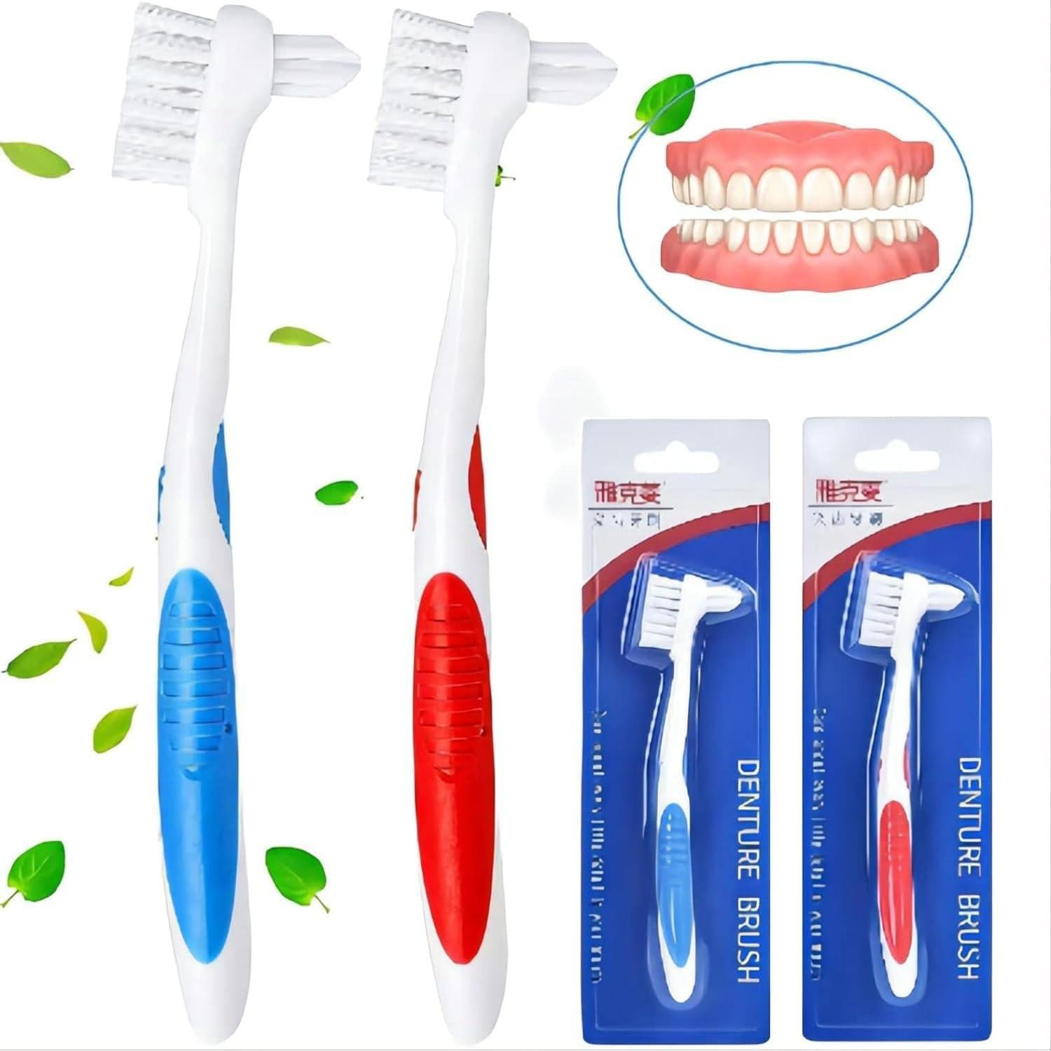 Cepillo de Dentadura Y-Kelin Doble Cabezal 2 Piezas Rojo y Azul