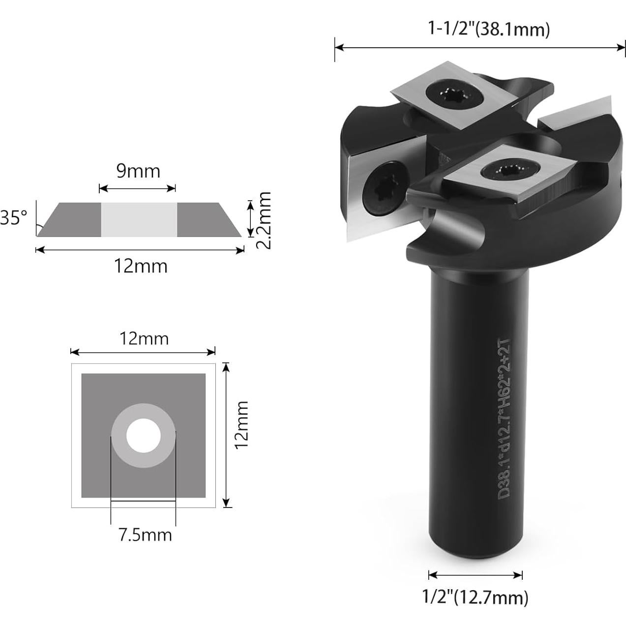 Fresa de Superficie CNC Hozly 1/2" Shank 38.1 mm Carburo