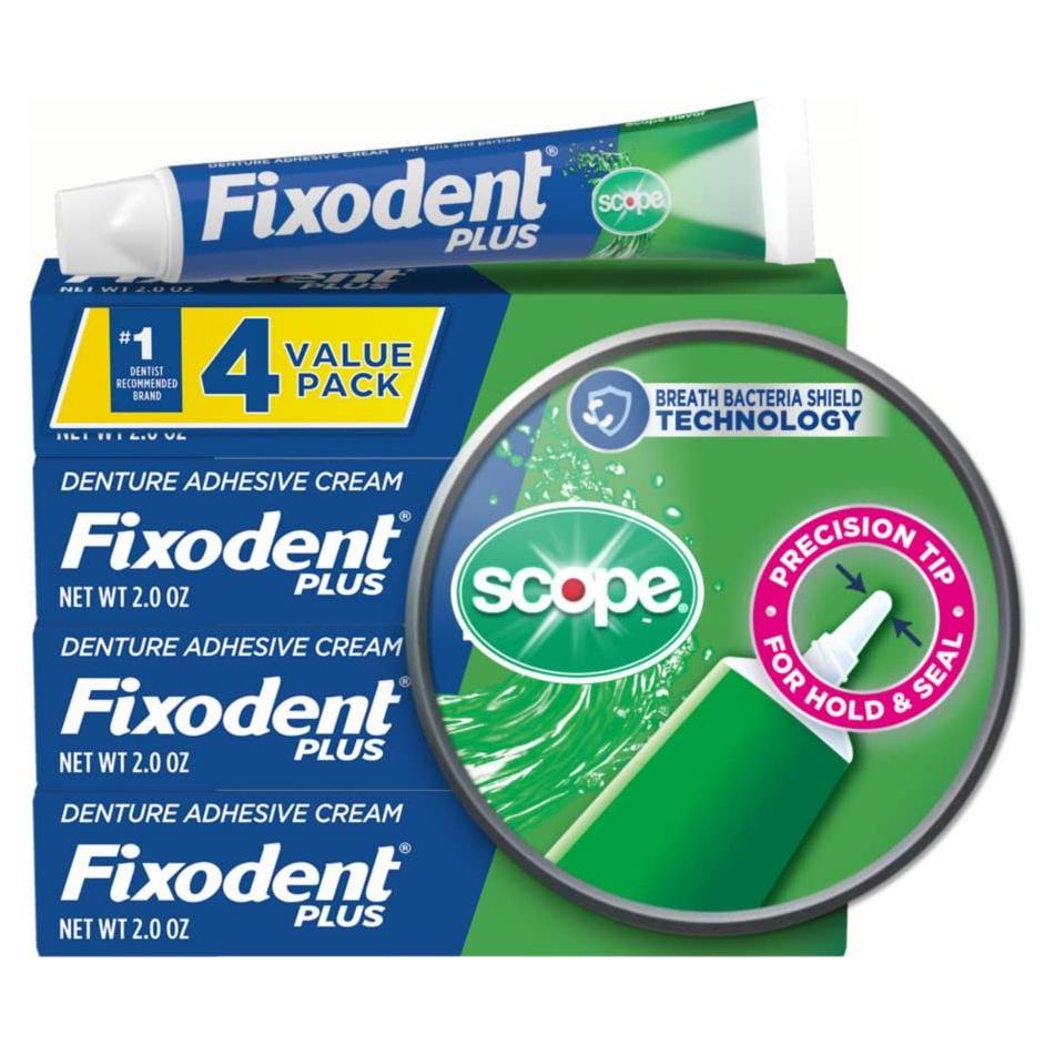 Adhesivo para Dentaduras Fixodent Plus Scope 4x60g