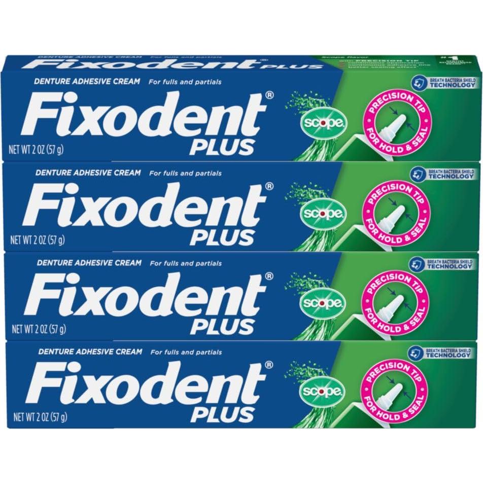 Adhesivo para Dentaduras Fixodent Plus Scope 4x60g