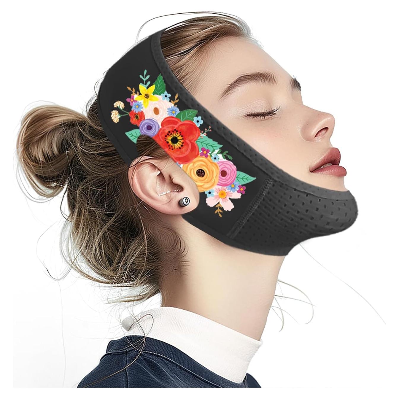 Chin Strap for Sleeping, V Line Lifting Mask, Wildflowers for Summer Travel, Reusable Face Strap, Jaw Exerciser (black)