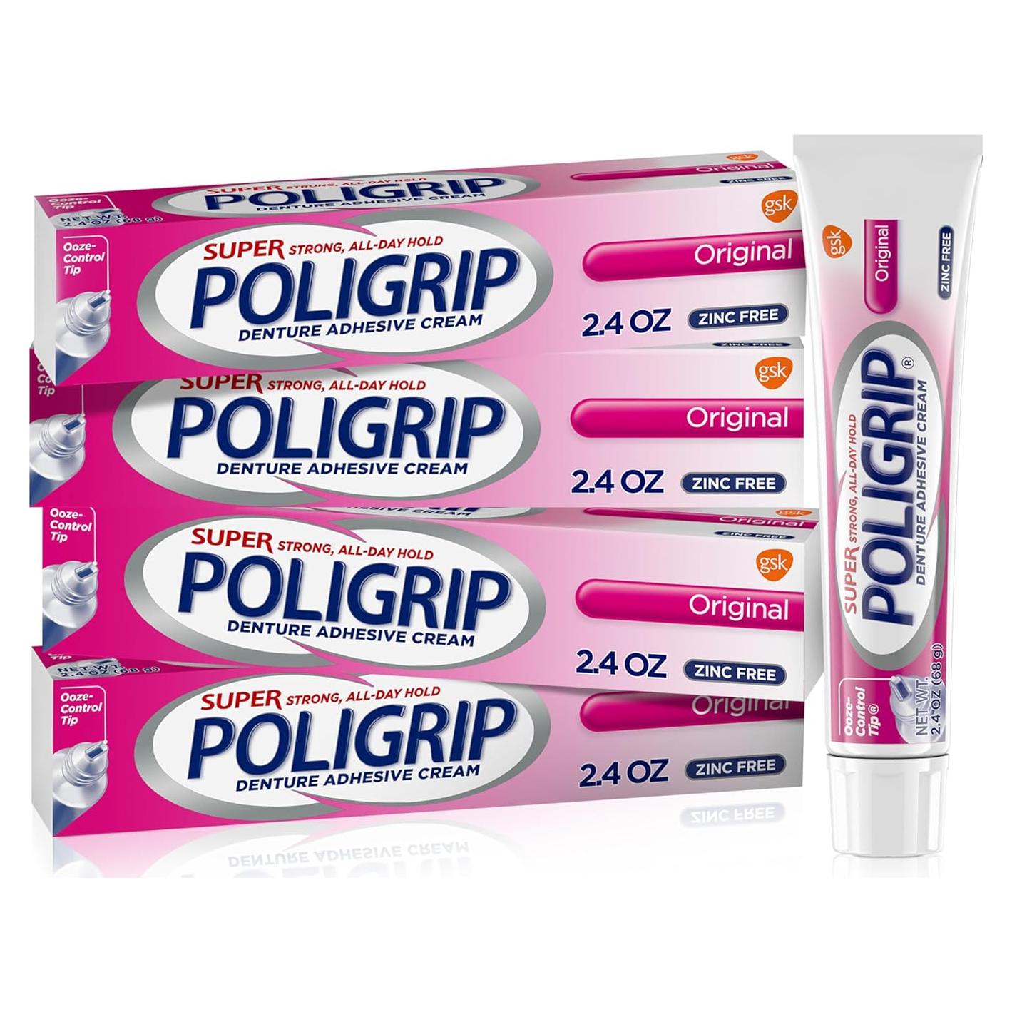Super Poligrip Crema Adhesiva para Dentaduras Sin Zinc 4x70g