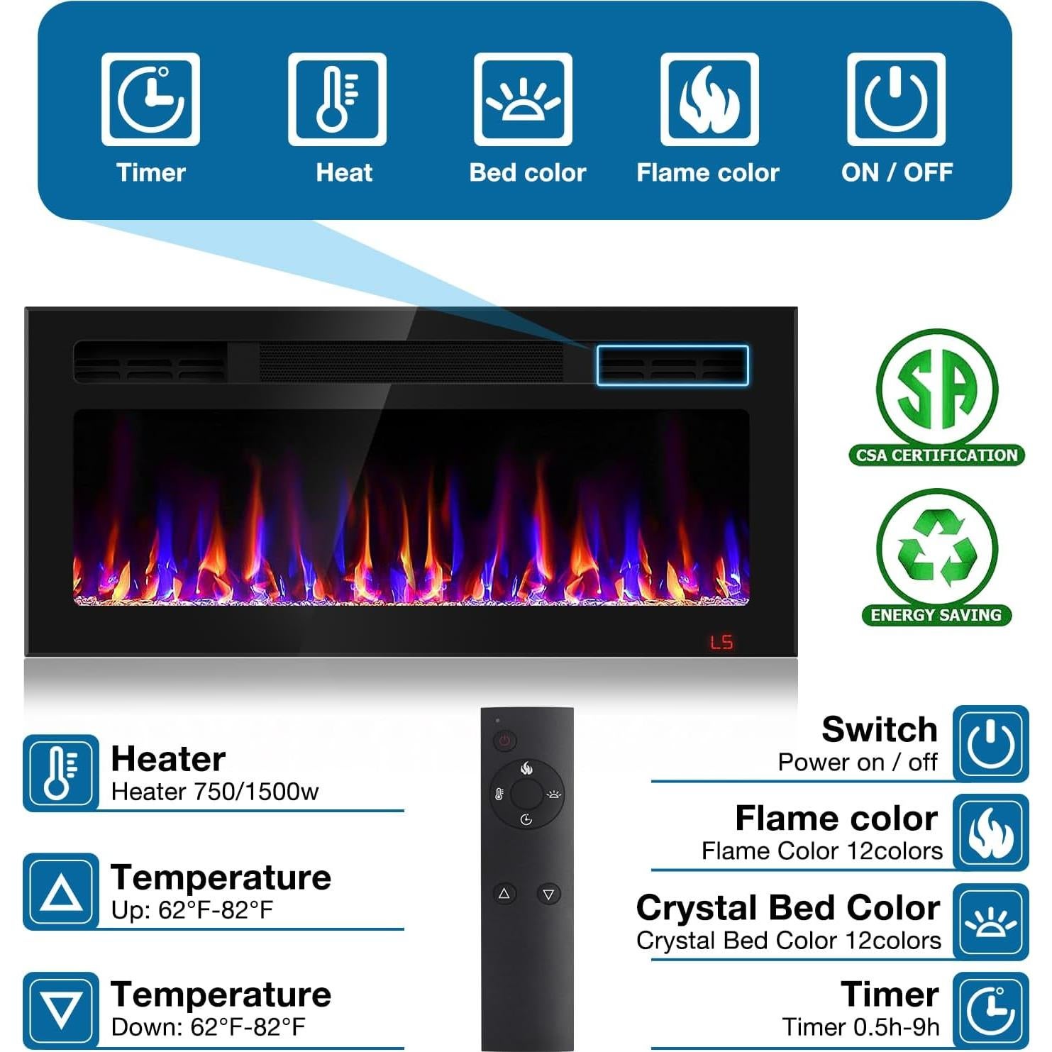 Chimenea Eléctrica Recesada Sixfivsevn 91.4 cm, Control Remoto