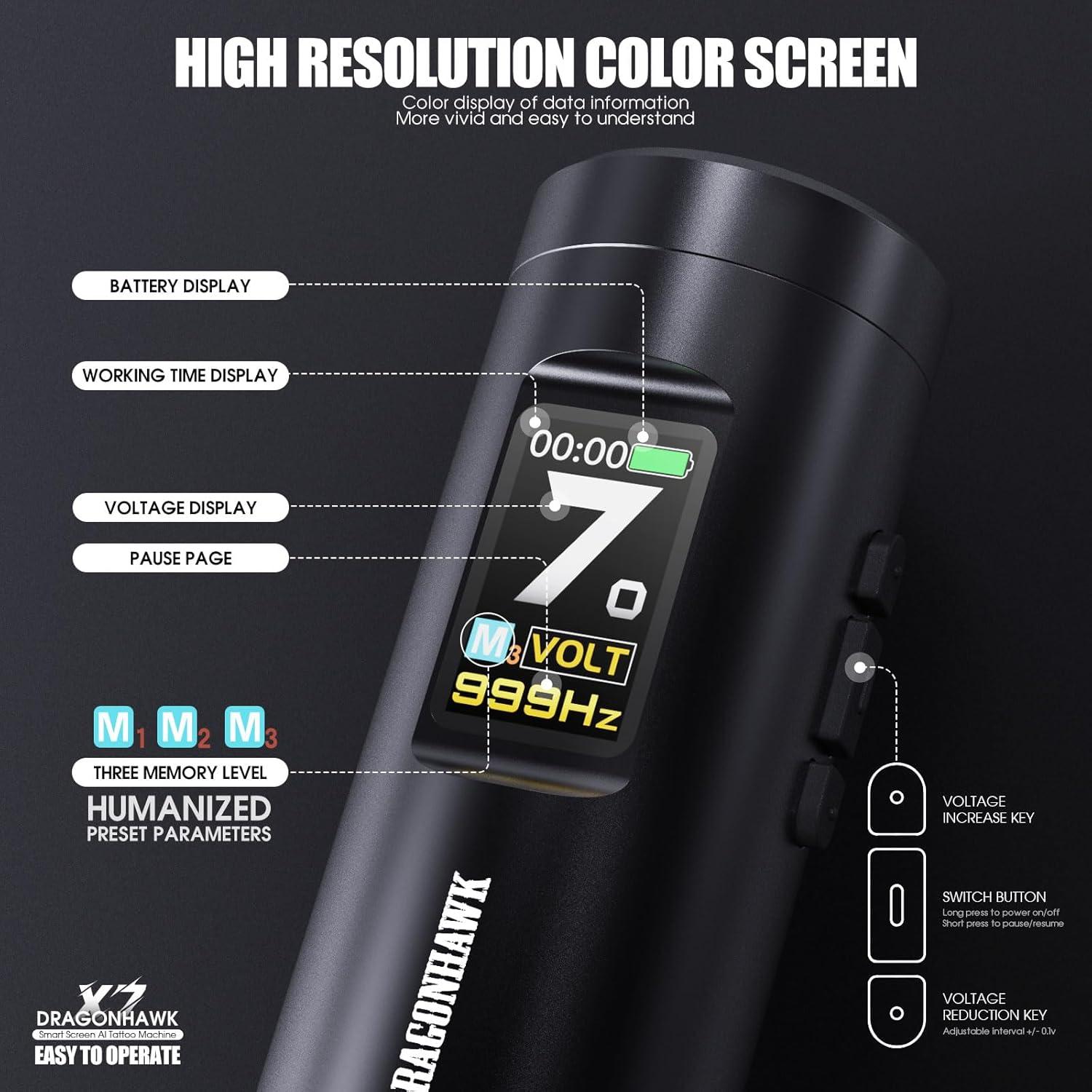Kit de Tatuaje Dragonhawk X7 Inalámbrico con Pantalla Inteligente