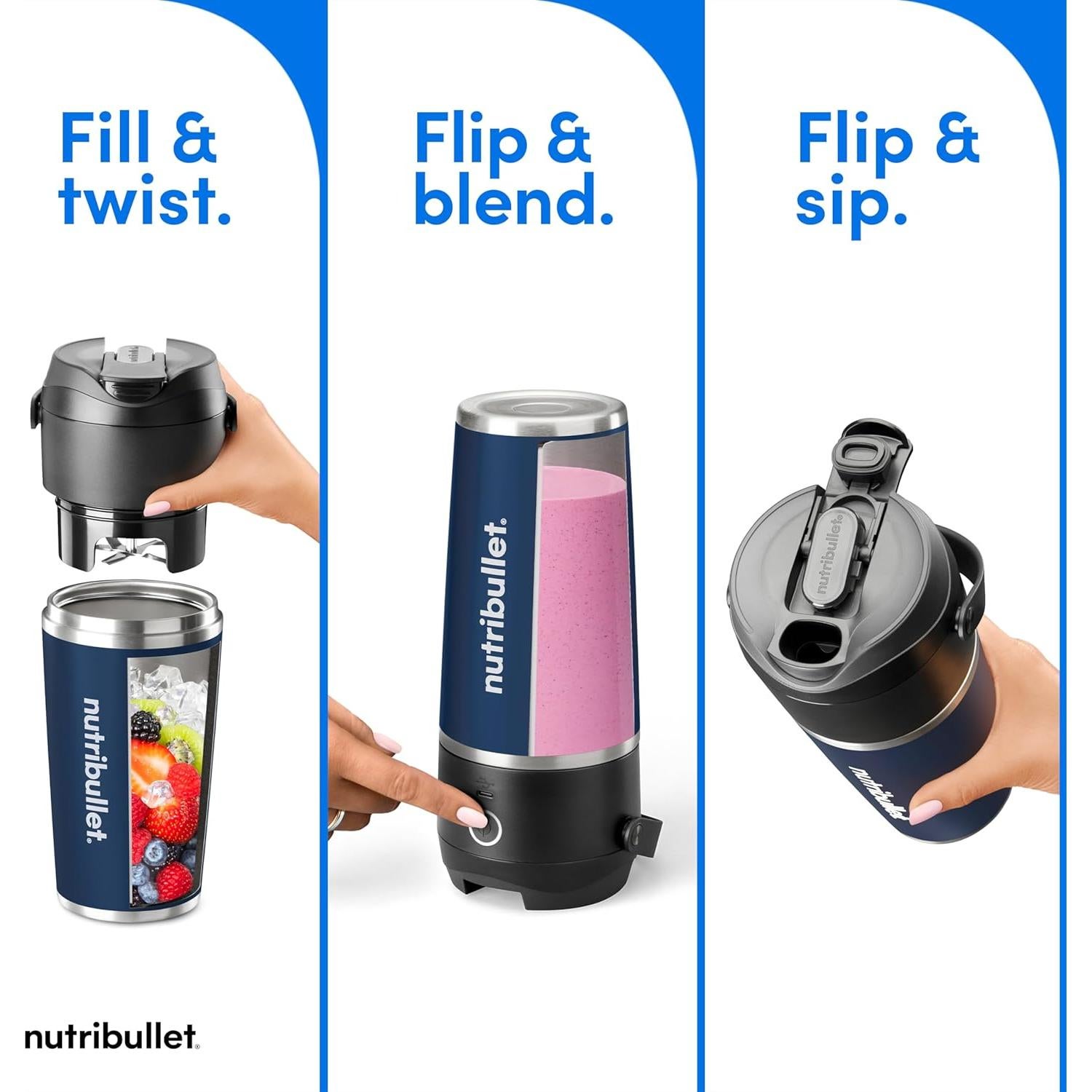 Licuadora Portátil NutriBullet Flip 20 oz Sin Cable Índigo