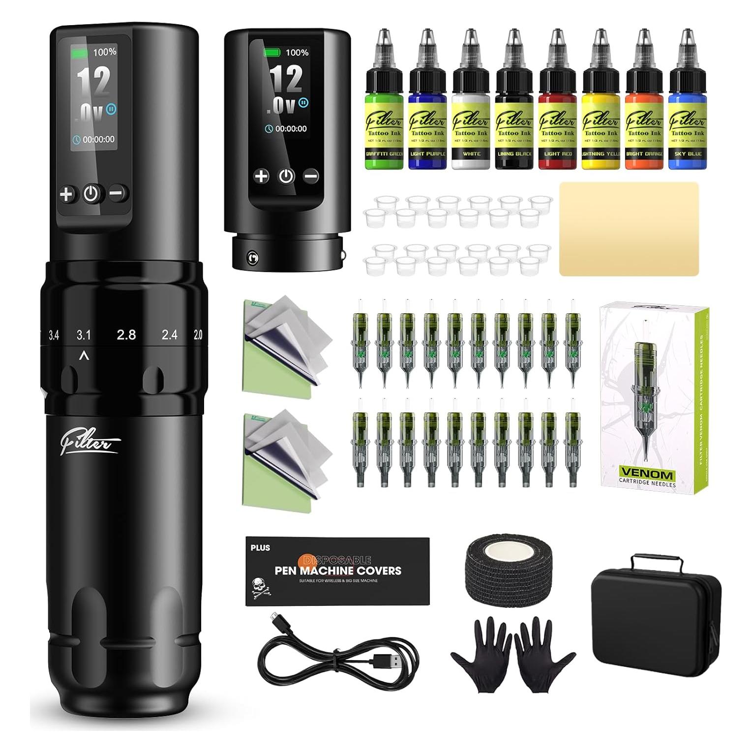 Kit de Máquina de Tatuaje Filter X30 con 20 Agujas y 8 Tintas