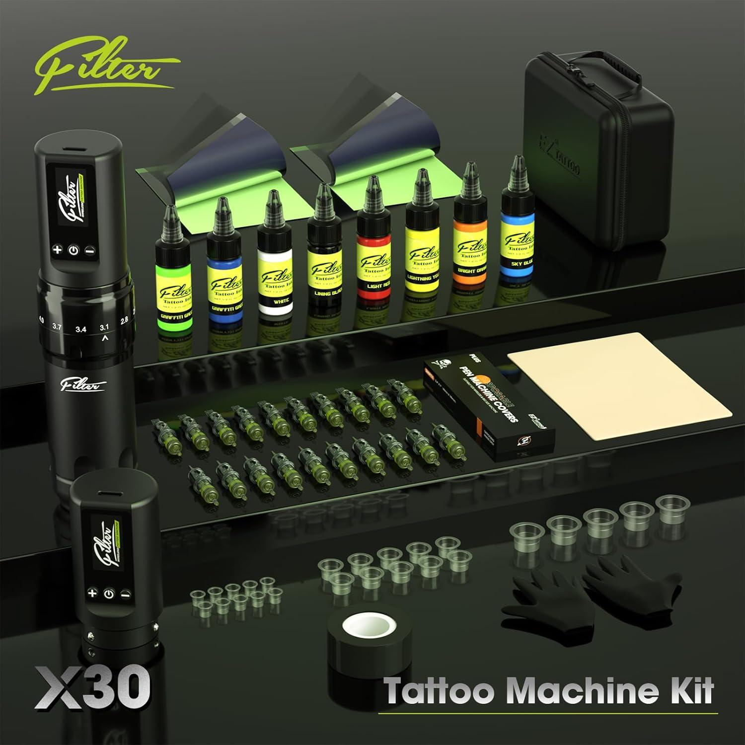 Kit de Máquina de Tatuaje Filter X30 con 20 Agujas y 8 Tintas
