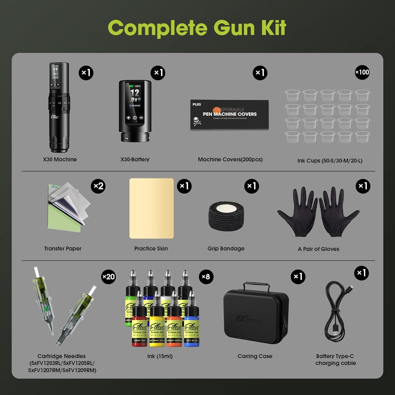 Kit de Máquina de Tatuaje Filter X30 con 20 Agujas y 8 Tintas