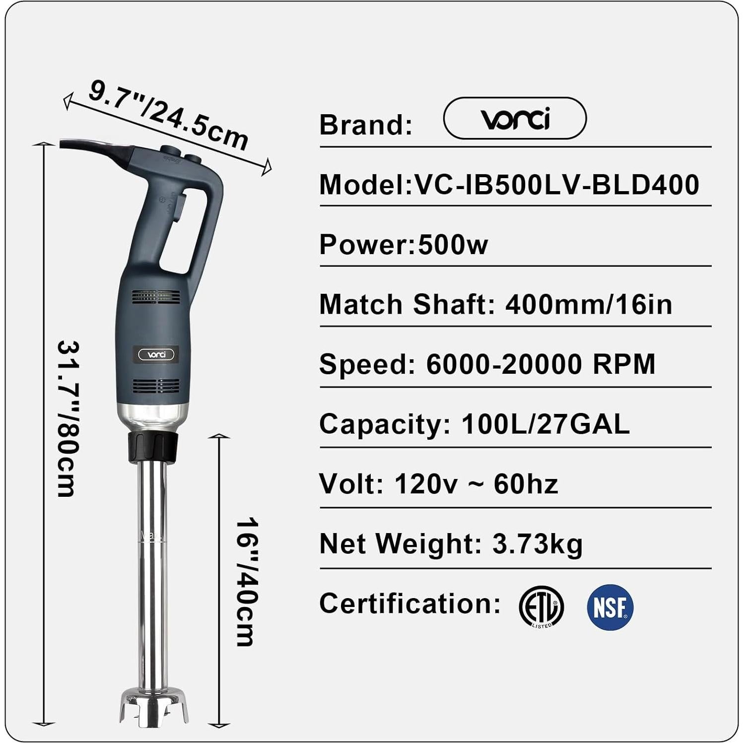 Batidora de Inmersión VONCI 500W Eje 40cm Velocidad 6000-20000RPM