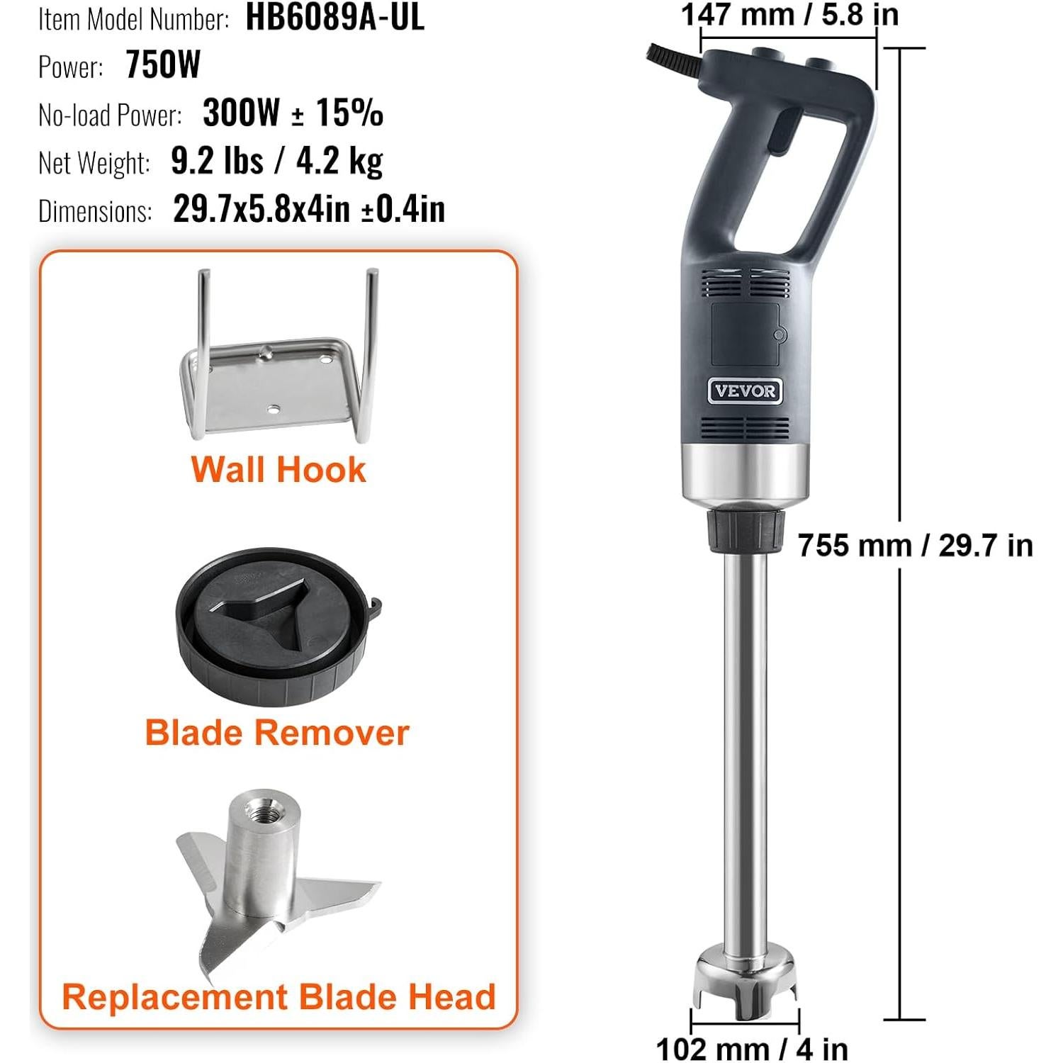 Batidora de Inmersión VEVOR 750W 40cm Velocidad Variable