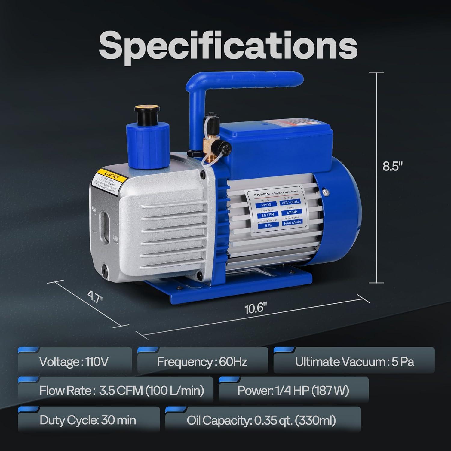 Bomba de Vacío VIVOHOME VH259 0.25 HP 3.5 CFM con Manómetro