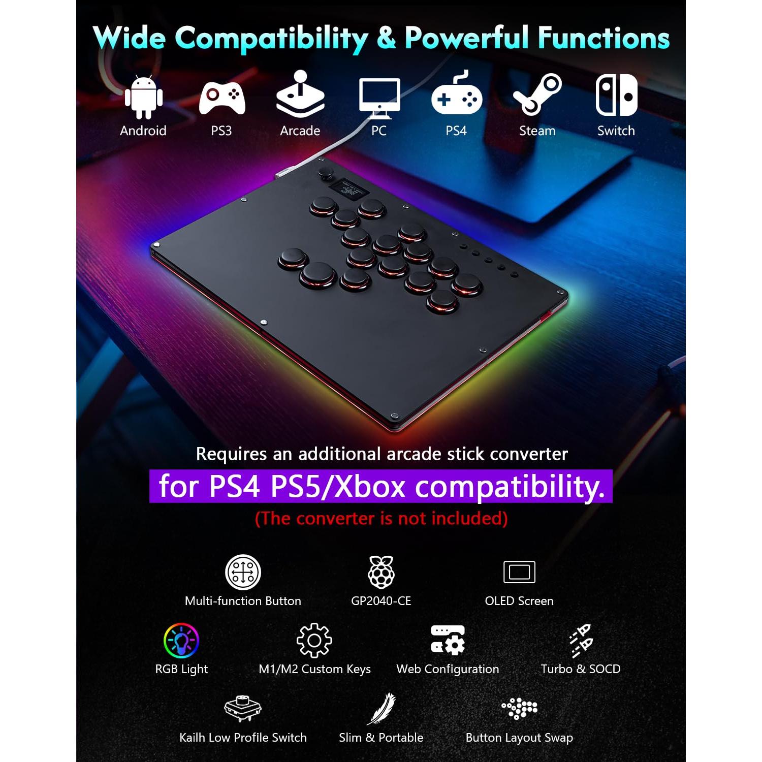 GuileKeys Leverless Controller Arcade Stick GK-16, All-Button Arcade Controller with Multi-function Button for PS4/PS3/PC/Switch, Arcade Fight Stick with RGB/Turbo/Hot-Swap/Low Profile Switch Black