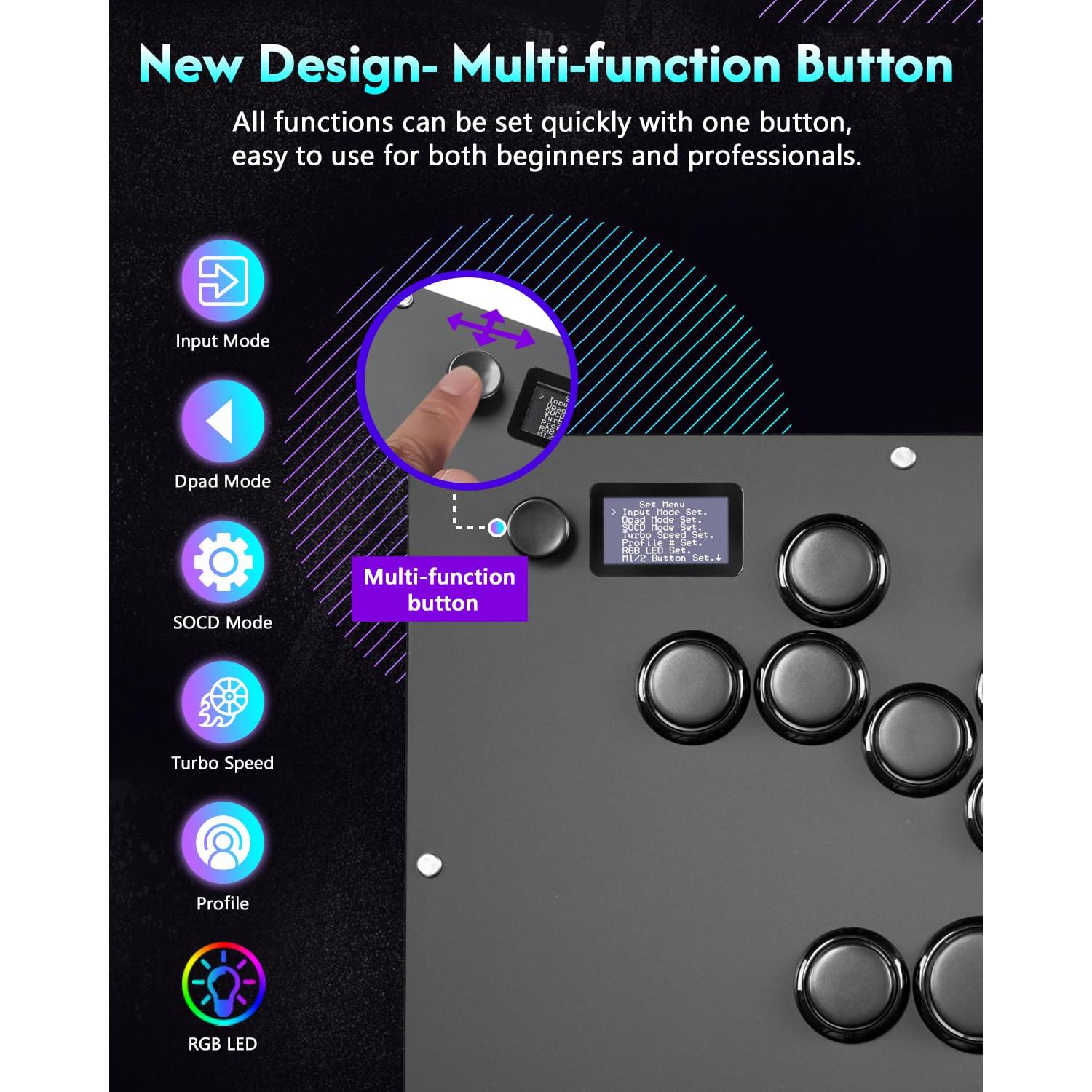 GuileKeys Leverless Controller Arcade Stick GK-16, All-Button Arcade Controller with Multi-function Button for PS4/PS3/PC/Switch, Arcade Fight Stick with RGB/Turbo/Hot-Swap/Low Profile Switch Black