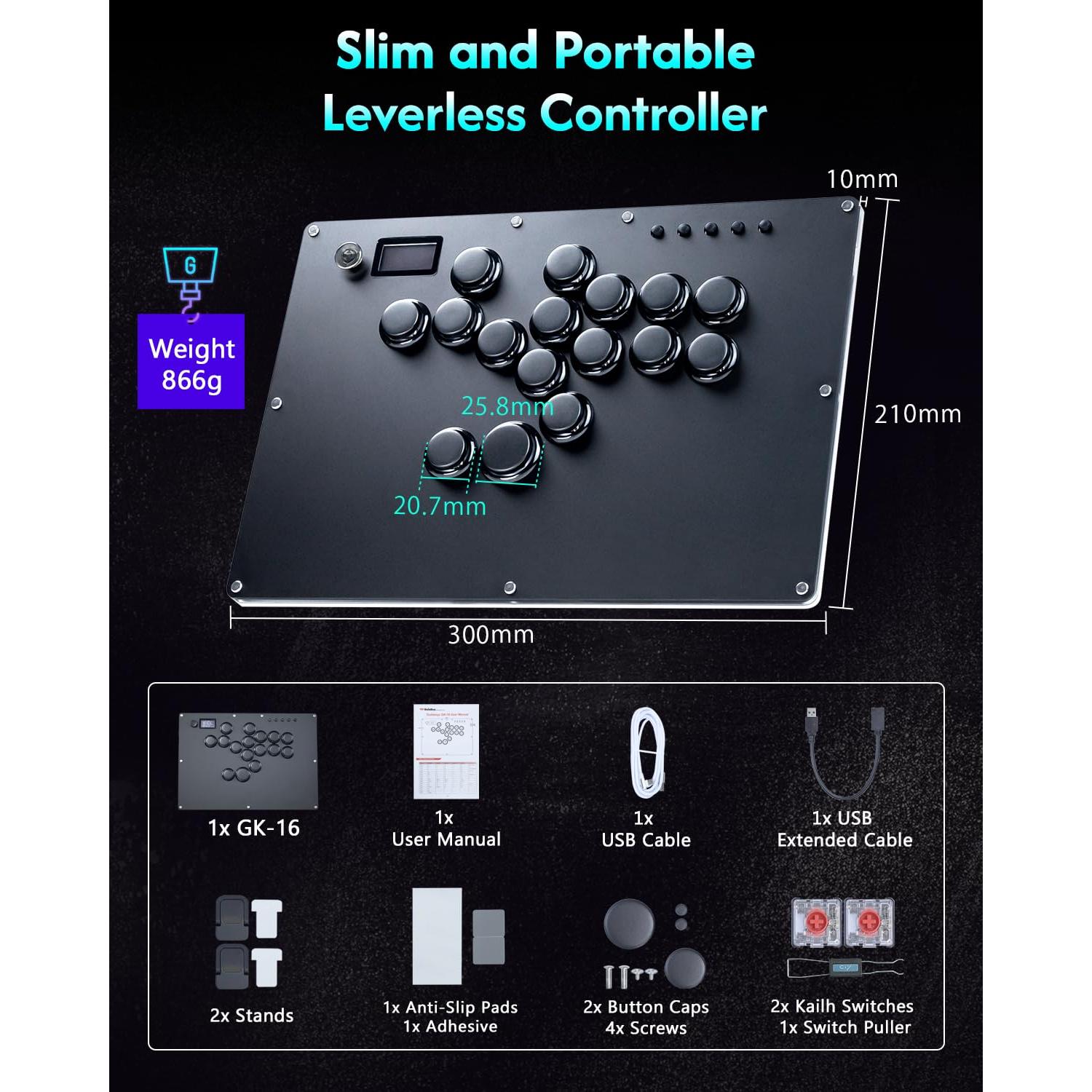 GuileKeys Leverless Controller Arcade Stick GK-16, All-Button Arcade Controller with Multi-function Button for PS4/PS3/PC/Switch, Arcade Fight Stick with RGB/Turbo/Hot-Swap/Low Profile Switch Black