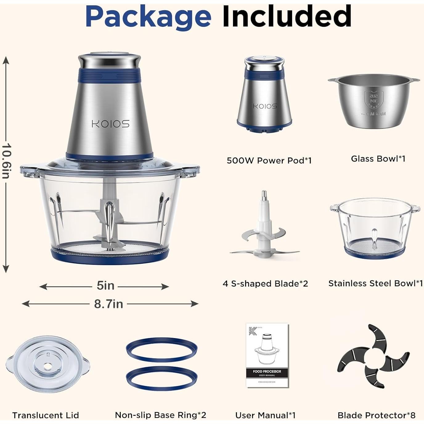 Procesador de Alimentos KOIOS AMJ-301 500W 2L Azul