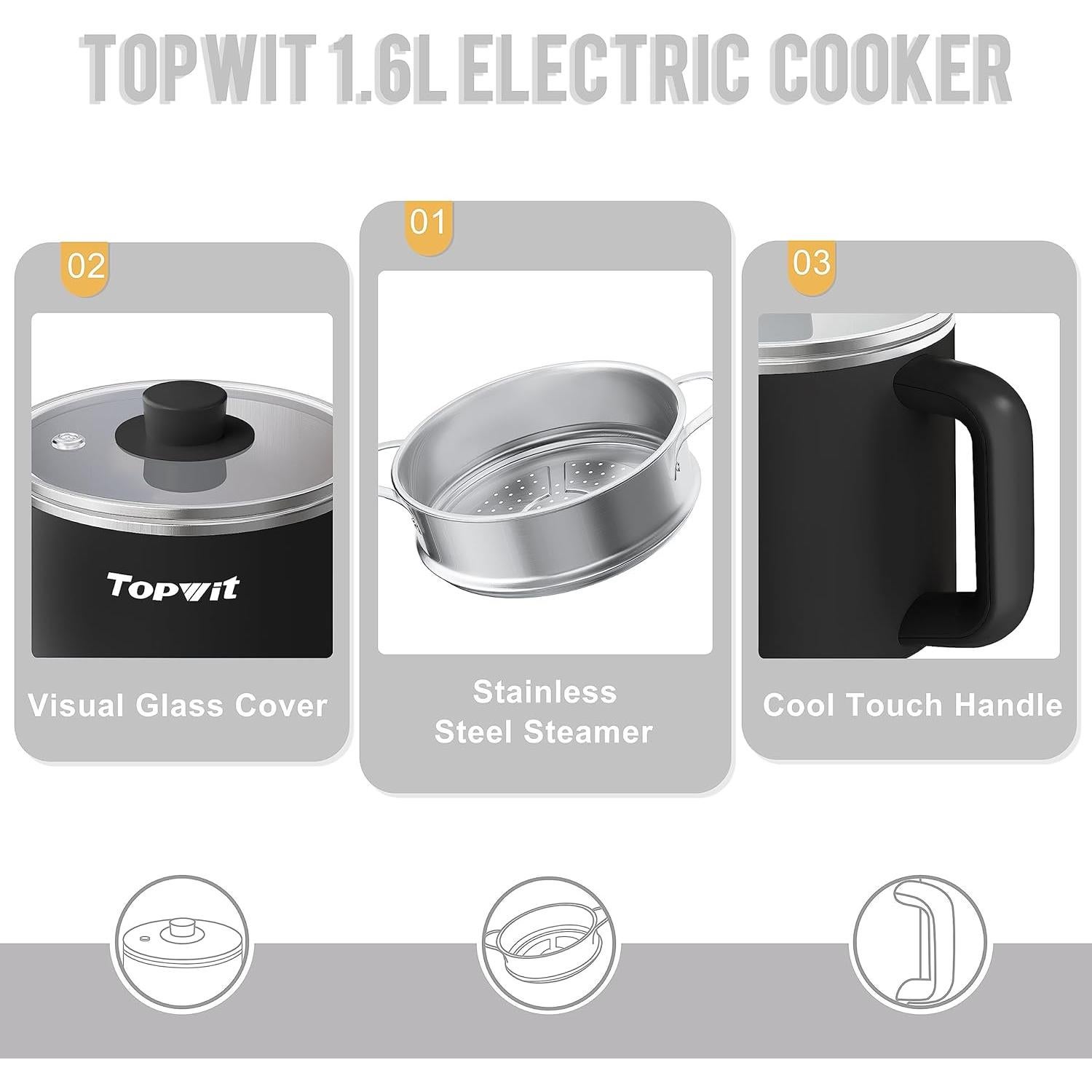 Olla Eléctrica Topwit 1.6L con Vaporera Acero Inoxidable