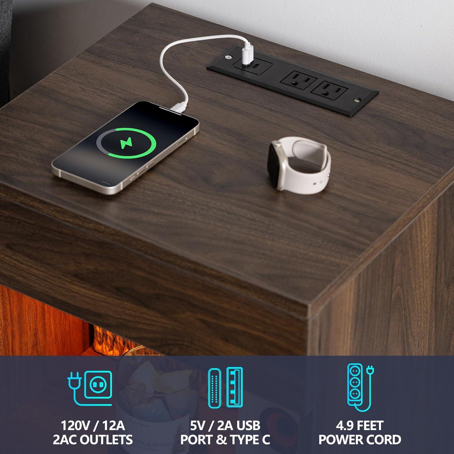 Mesa de Noche HOMMPA con Cargador y Luz LED Nogal