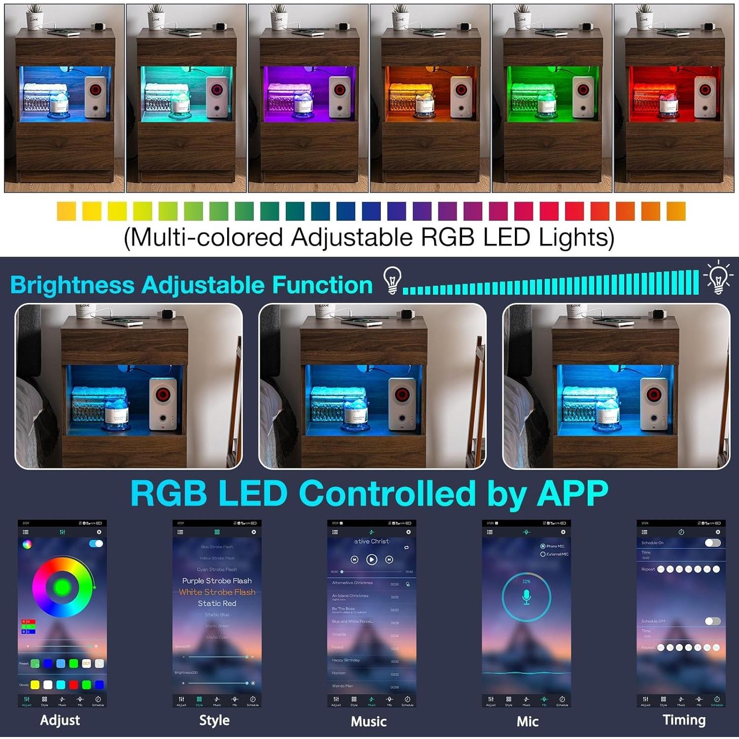 Mesa de Noche HOMMPA con Cargador y Luz LED Nogal