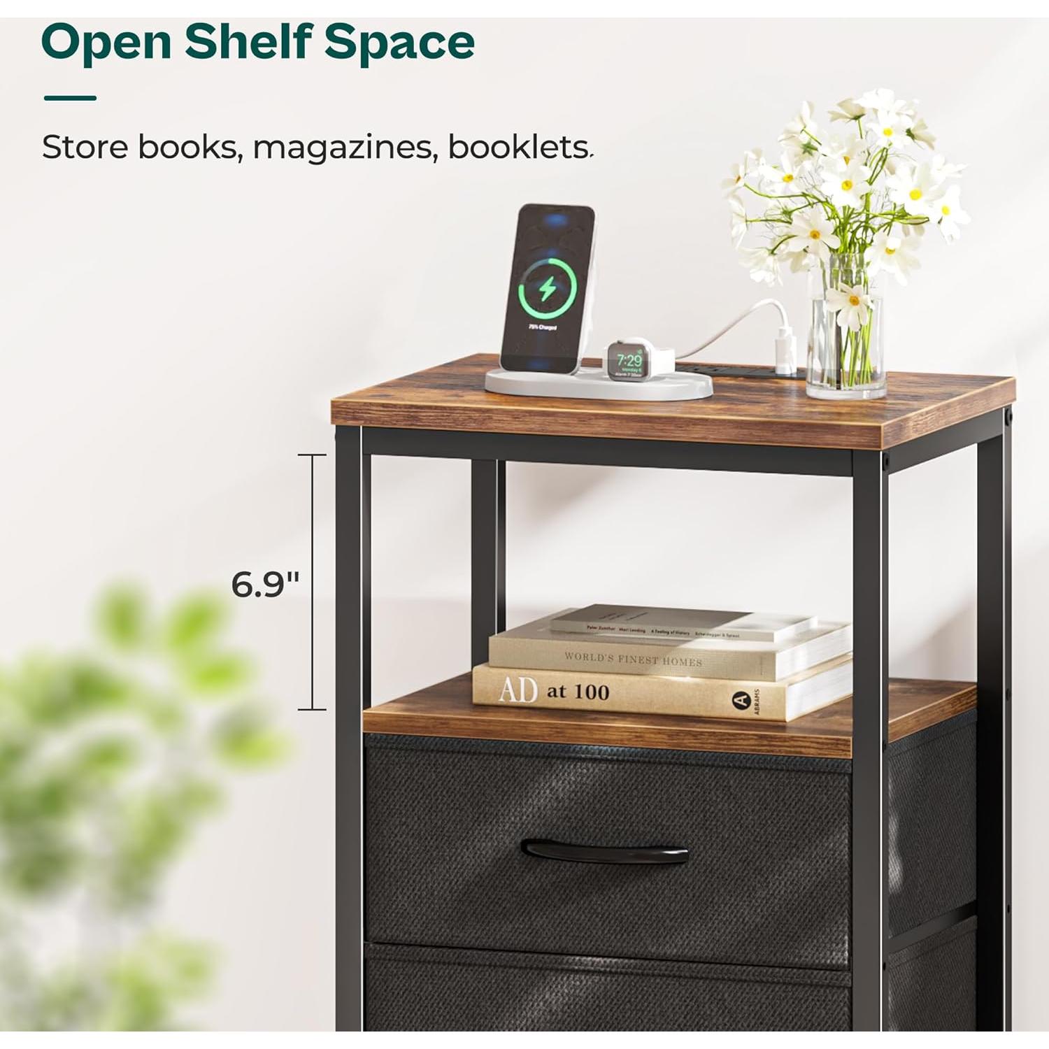 Mesita de Noche Huuger con Carga USB y 2 Cajones