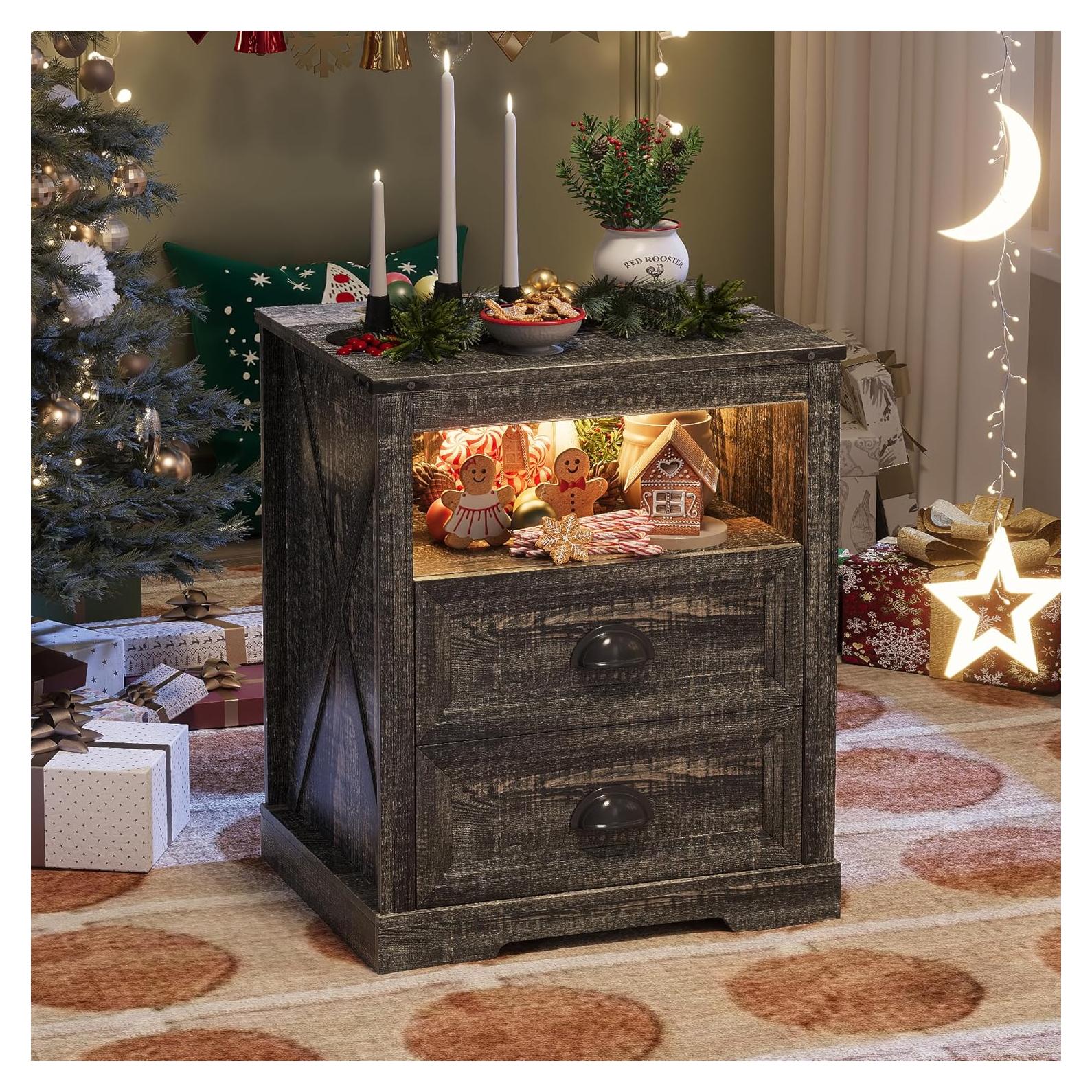 Mesita de Noche FONTOI Campestre con Carga USB y Luz LED