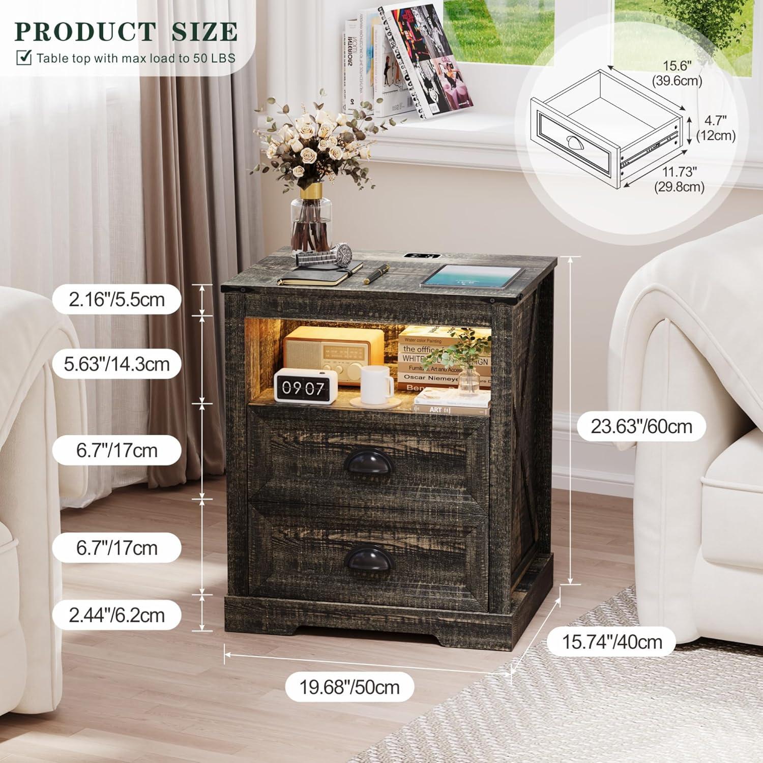 Mesita de Noche FONTOI Campestre con Carga USB y Luz LED