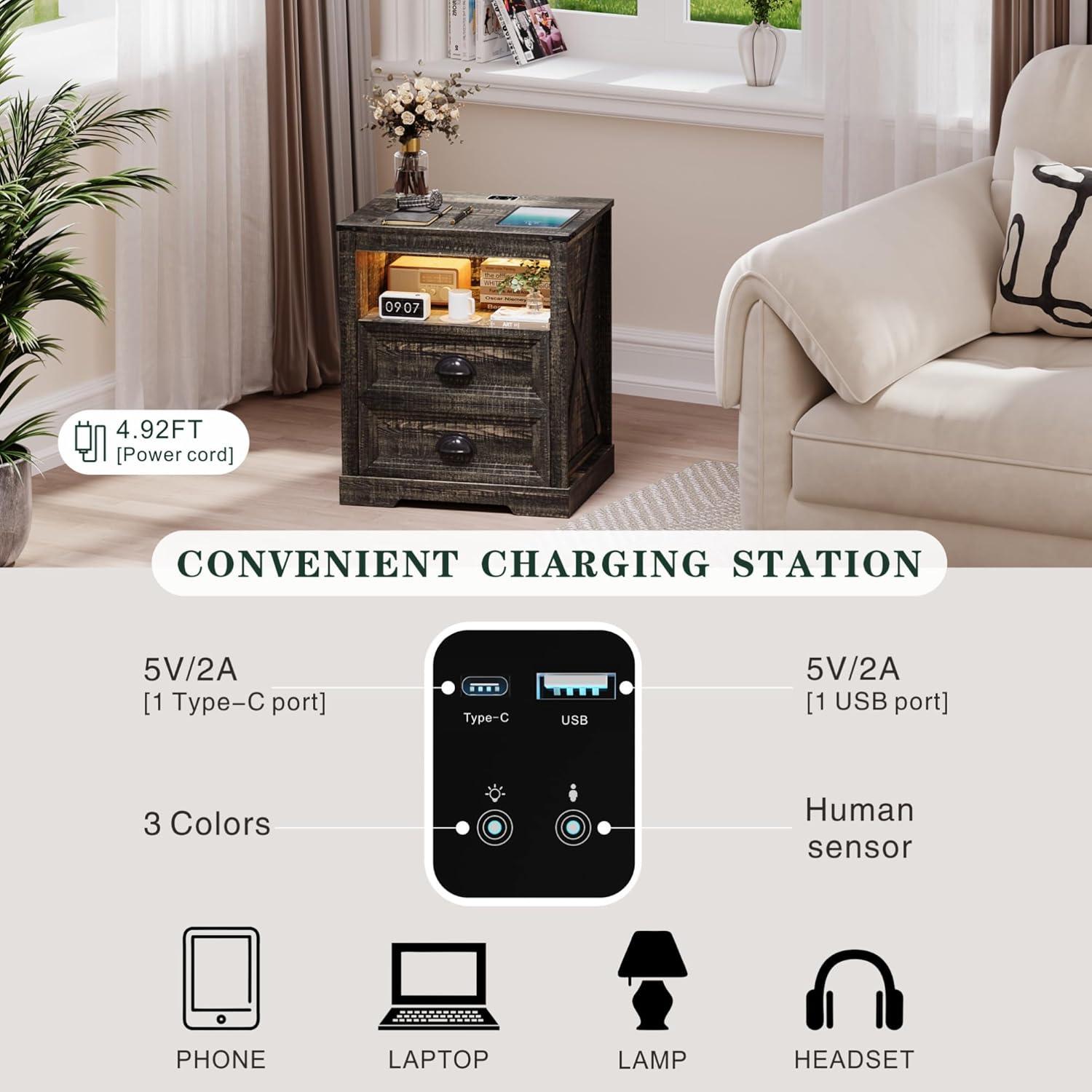 Mesita de Noche FONTOI Campestre con Carga USB y Luz LED