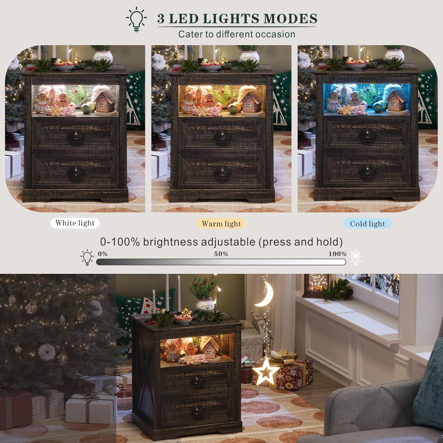 Mesita de Noche FONTOI Campestre con Carga USB y Luz LED